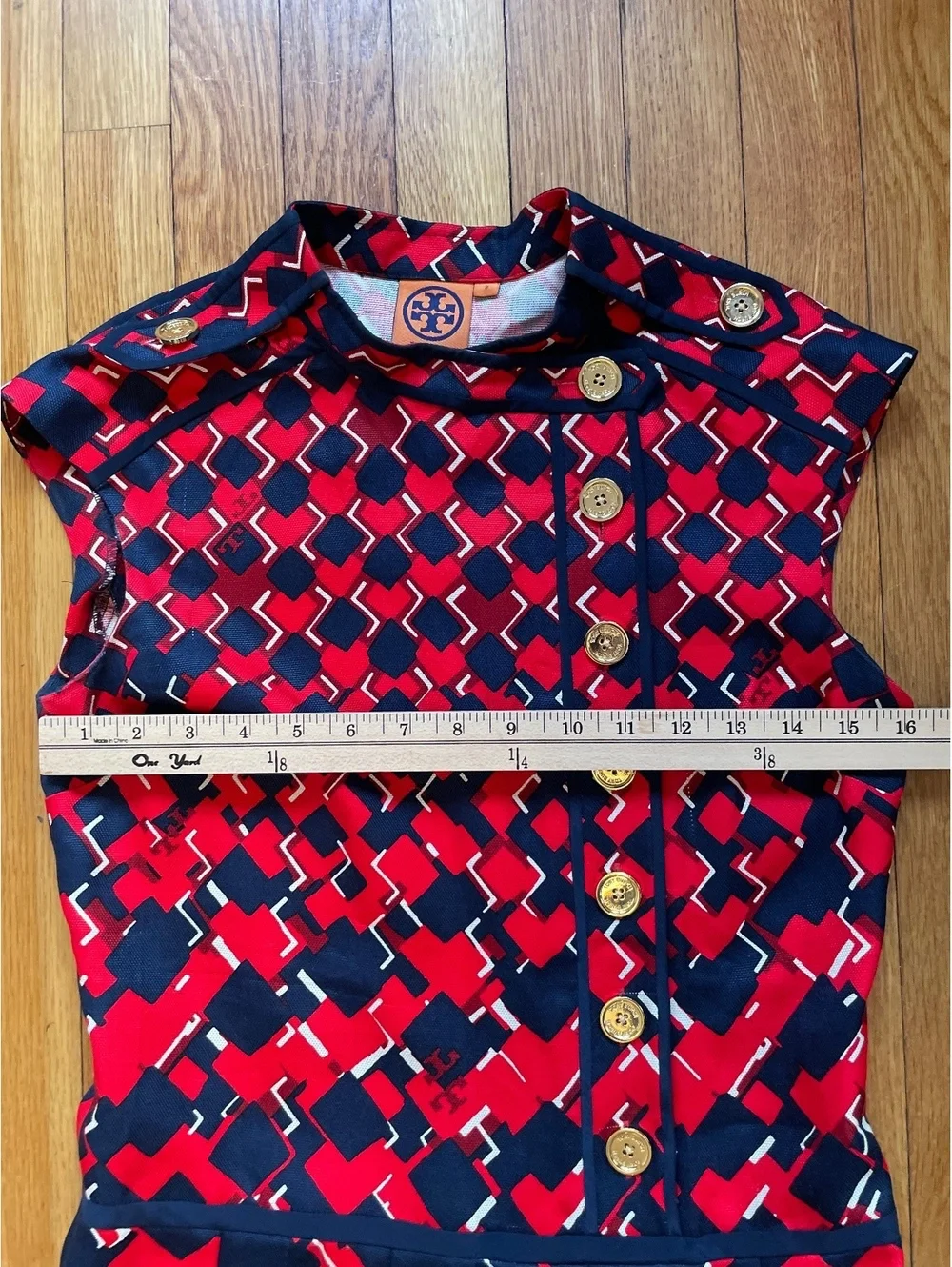Tory Burch Truman Silk Dress Red Navy Geometric Pleated Size 2